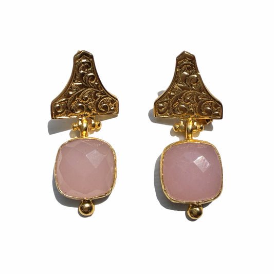 Artisanal eco-friendly gold-plated rose quartz drop earrings with gold motif against a white background 