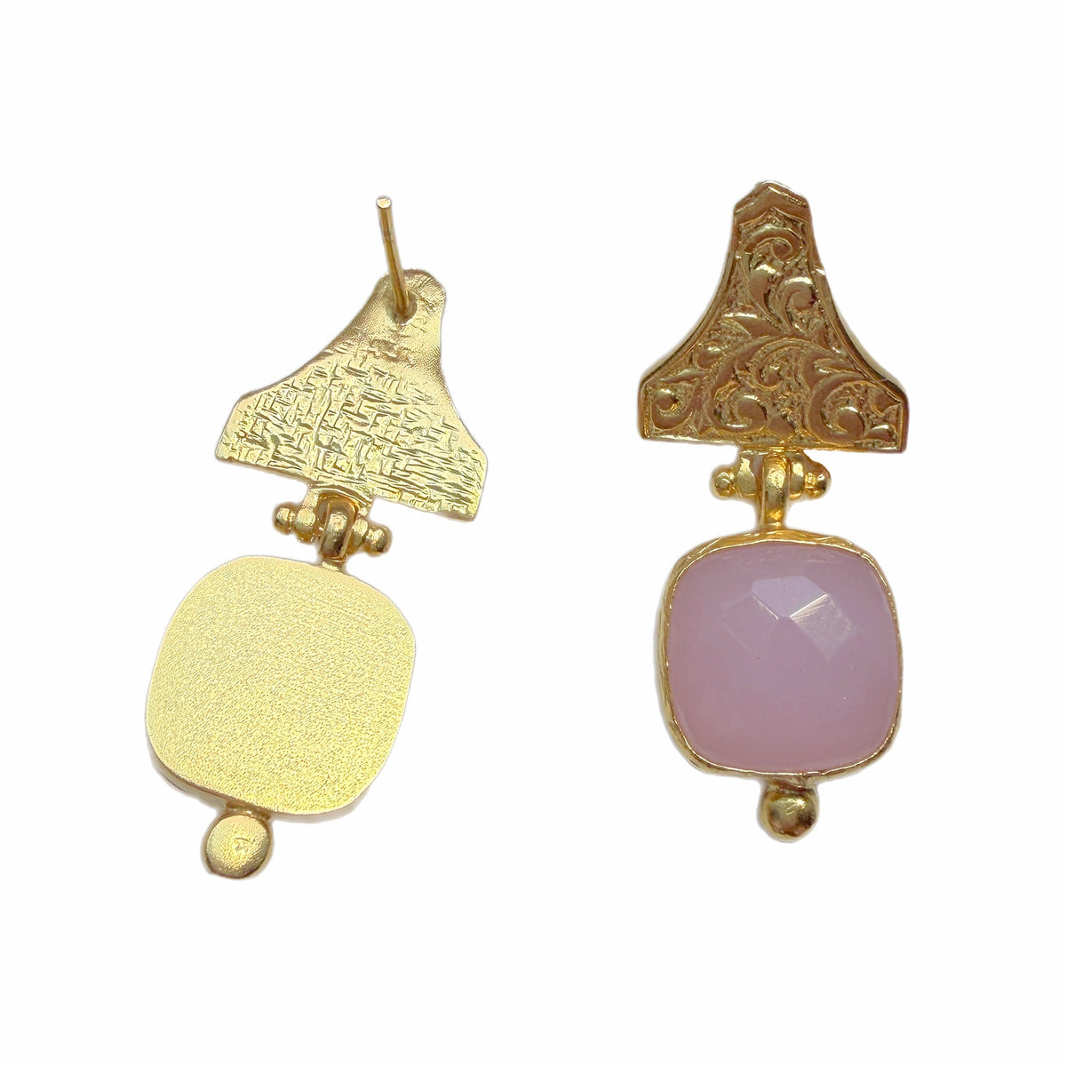 Artisanal eco-friendly gold-plated rose quartz drop earrings with gold motif against white backdrop