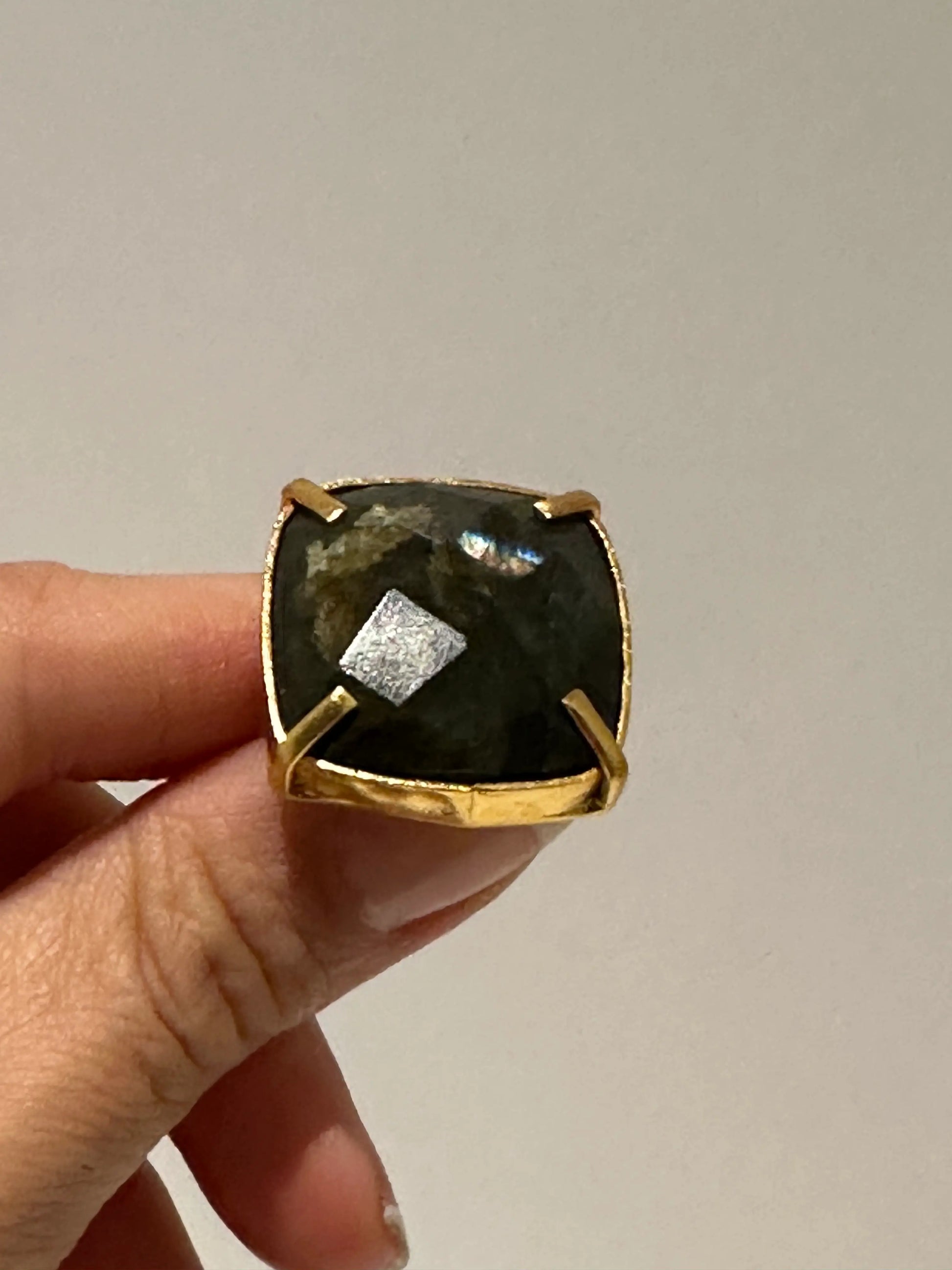 Waterproof Gold ring with a large labradorite stone held by a hand against a plain background