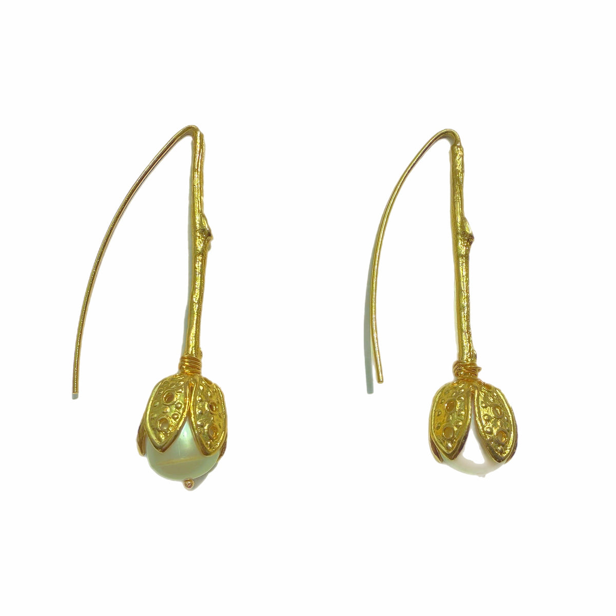 Handmade gold-plated Etruscan style tulip design pull through earrings with pearl drops