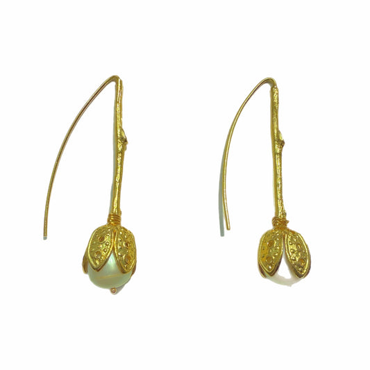 Handmade gold-plated Etruscan style tulip design pull through earrings with pearl drops