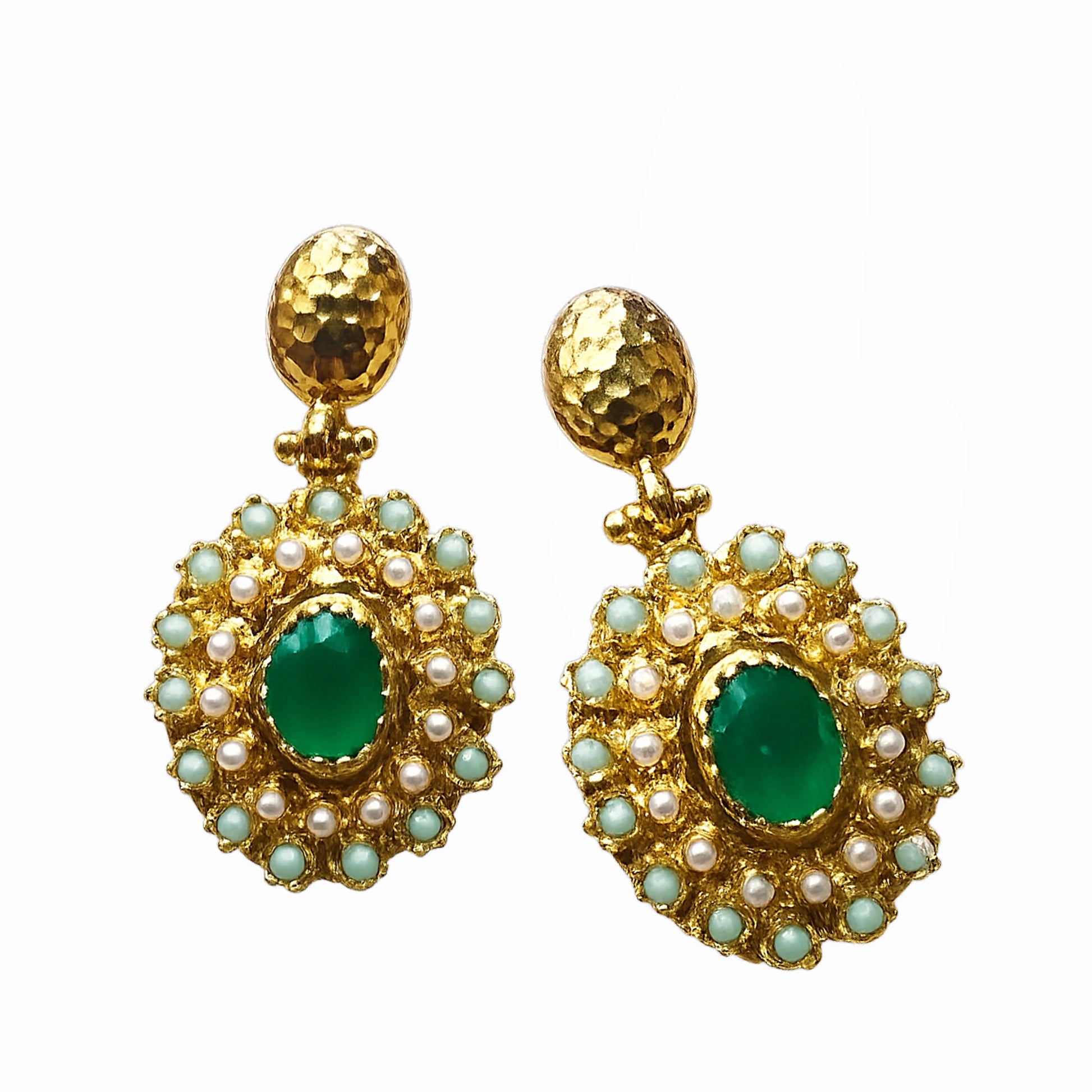 Elegant designer sustainable Gold-plated emerald and pearl statement earrings By Bebek Jewels