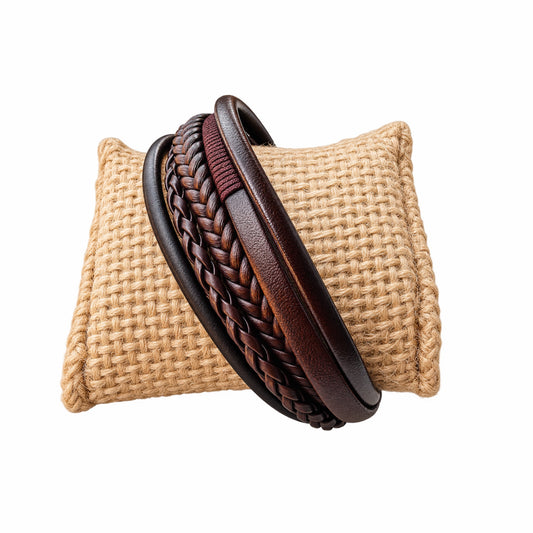 Handmade men’s rugged boho multi-strand braided brown leather cuff bracelet on a tan-jute jewelry pillow
