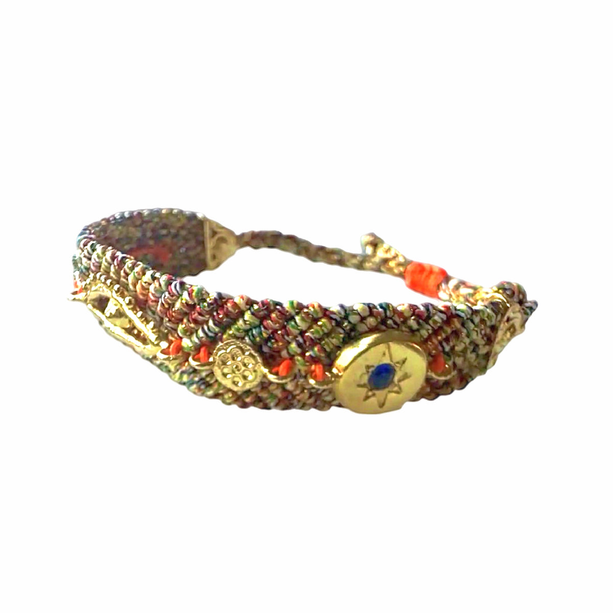 Handmade orange blue woven cord bracelet with gold-plated evil eye charm and zircon