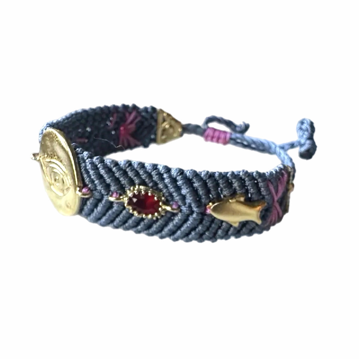 Slate gray handmade woven Bracelet with gold-plated evil eye charm and zircon crystals on a white backdrop 
