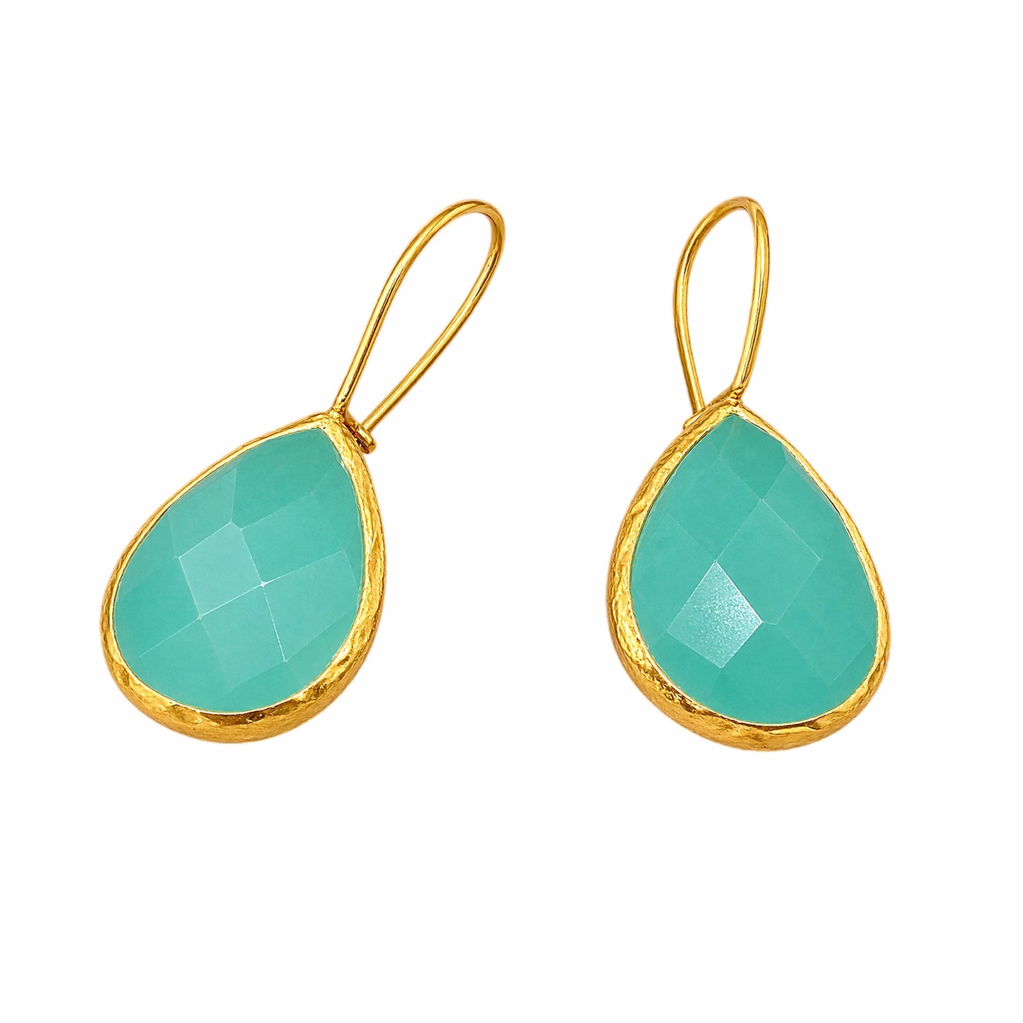 Handmade sustainable gold plated Aqua chalcedony quartz faceted teardrop drop earrings with white background 