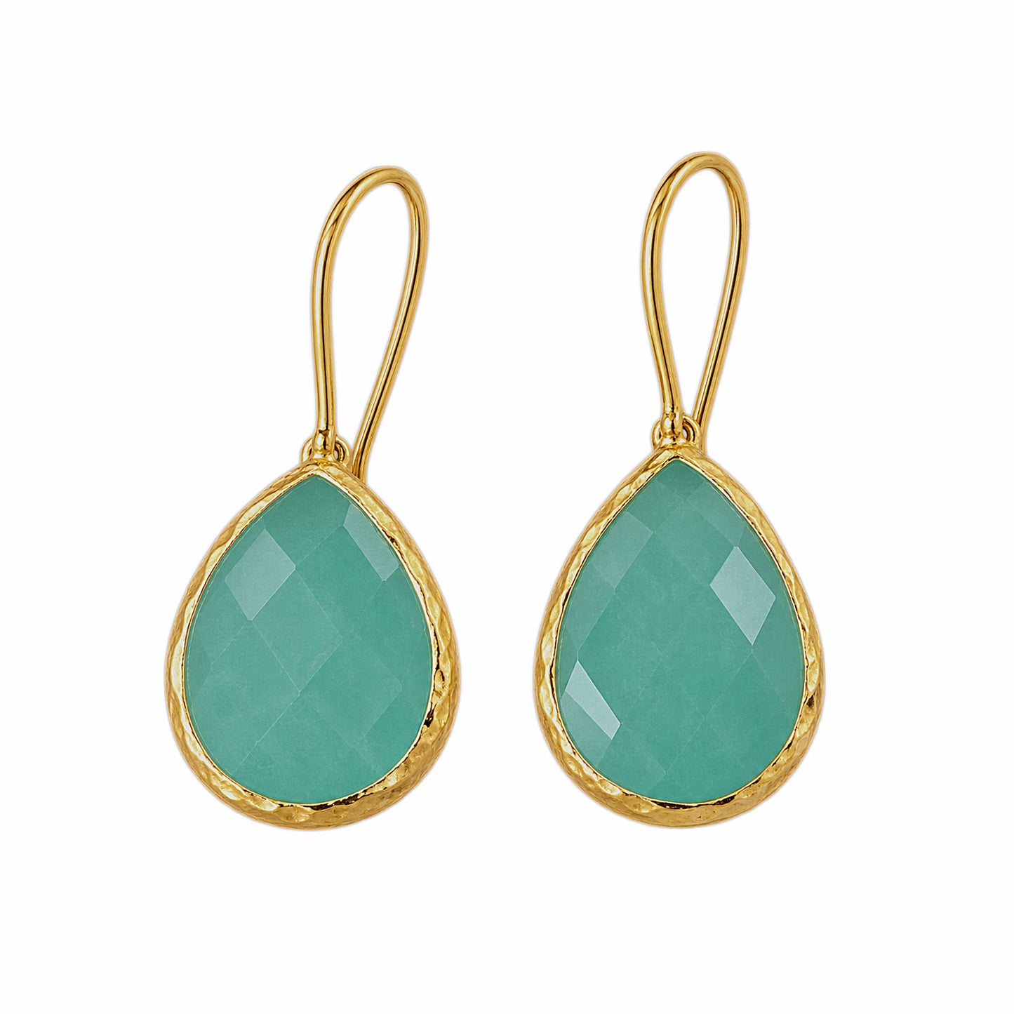 Handmade sustainable gold plated Aqua chalcedony quartz faceted teardrop drop earrings with white background by Bebek jewels