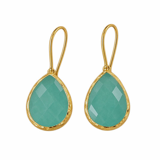 Handmade sustainable gold plated Aqua chalcedony quartz faceted teardrop drop earrings with white background by Bebek jewels