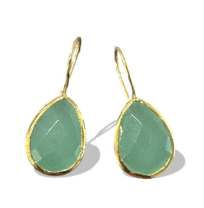 Handmade sustainable gold-plated aqua chalcedony faceted aqua chalcedony teardrop drop earrings with white background 