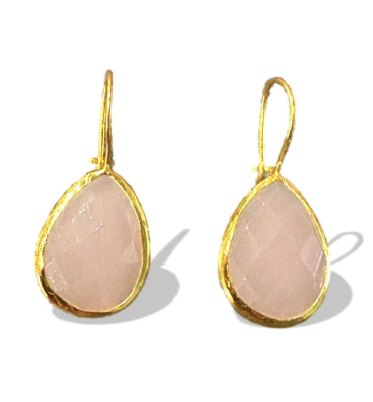 Artisanal sustainable gold-plated faceted rose quartz teardrop drop earrings with white background 