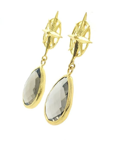 Artisanal eco-friendly gold-plated smokey quartz compass drop earrings facing left with white background 