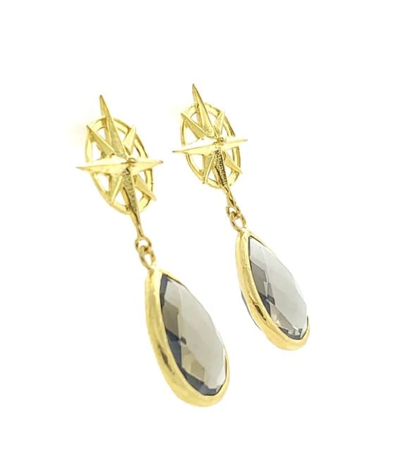 Handmade sustainable gold-plated smokey quartz compass drop earrings facing right with white background 