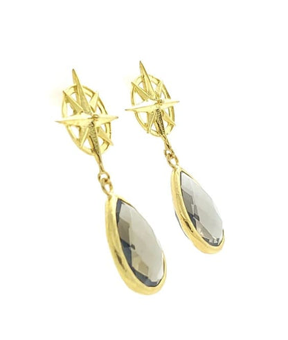 Handmade sustainable gold-plated smokey quartz compass drop earrings facing right with white background 
