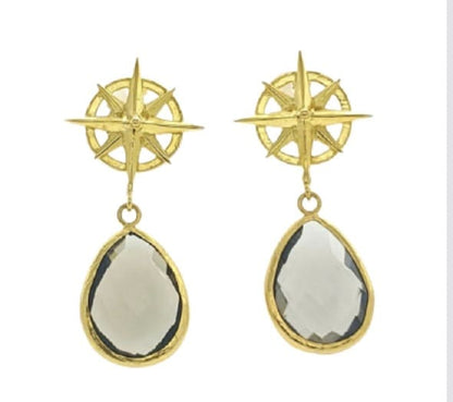 Handmade sustainable gold-plated smokey quartz  compass earrings against white background
