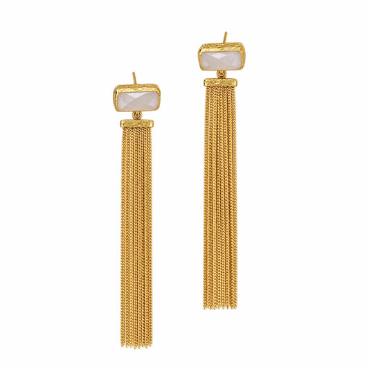 Handmade sustainable gold plated snow quartz chain tassel earrings on white background 