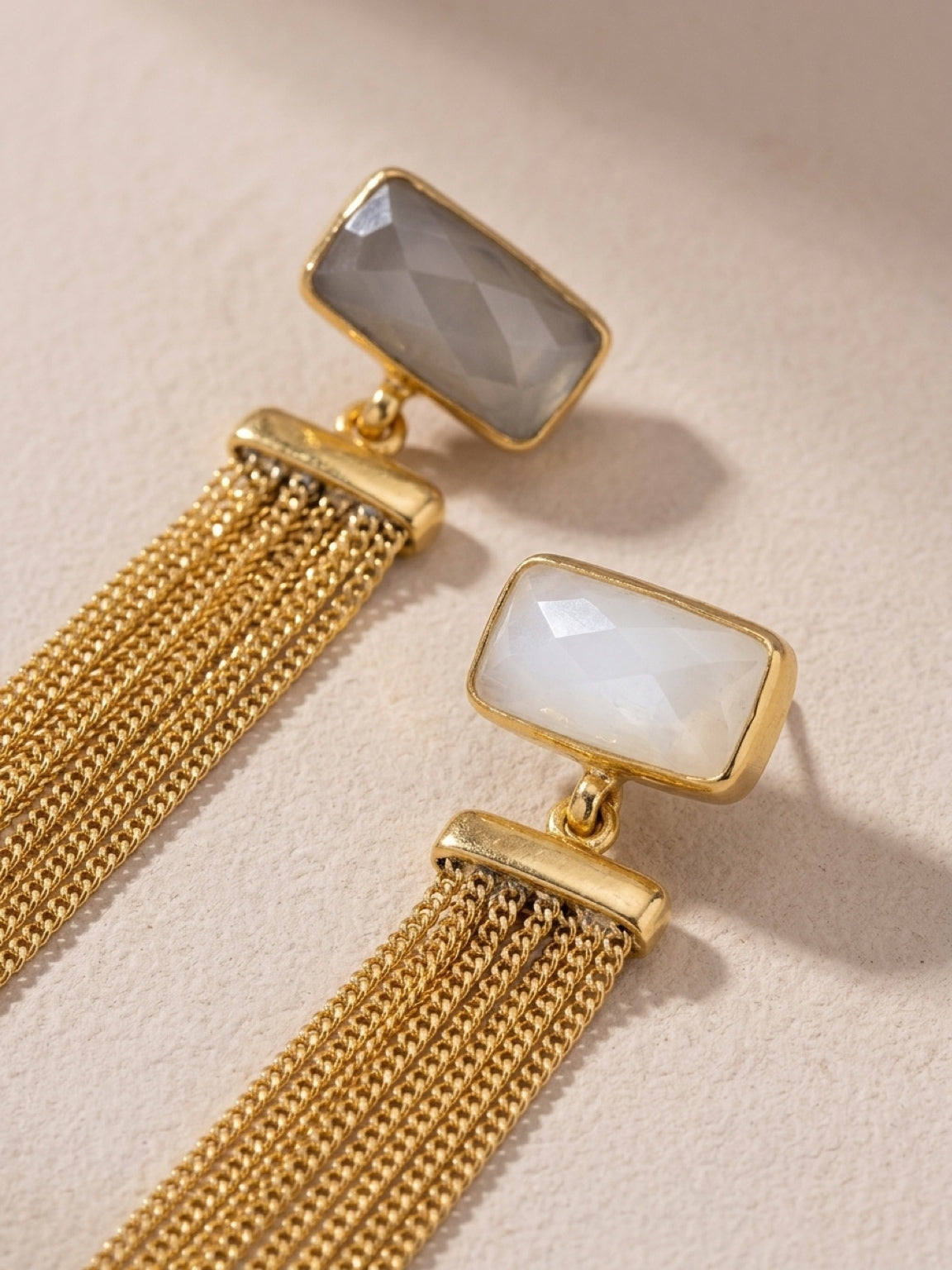 Handmade sustainable gold plated snow quartz chain tassel earrings