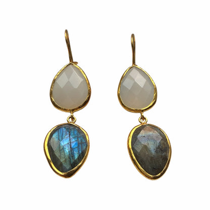 Handmade sustainable Gold-plated teardrop labradorite and snow Quartz dangle earrings with on a white surface
