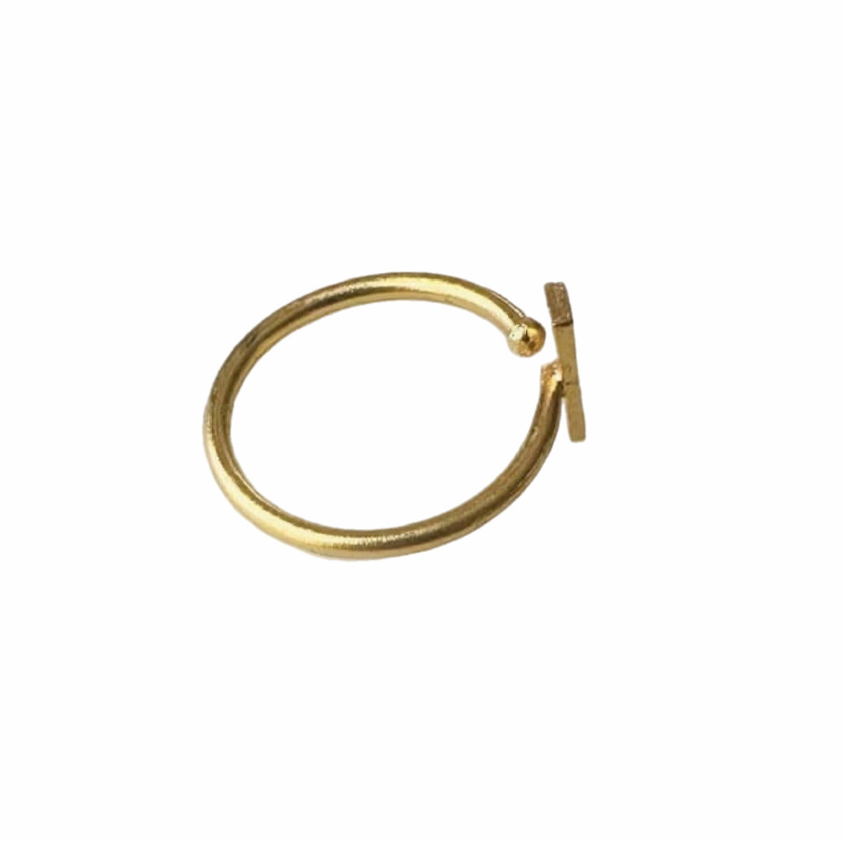 Handmade sustainable Gold-plated minimal ring with a rectangular tag on a white backdrop