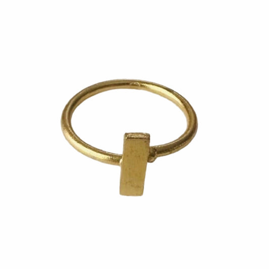 Handmade sustainable Gold-plated minimal ring with a rectangular tag on white background
