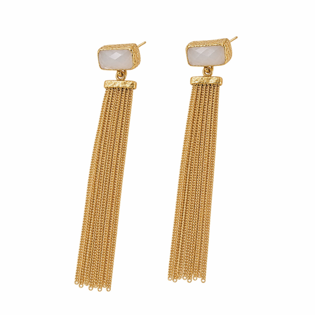 A pair of gold dangle earrings with rectangular snow Quartz stone tops and long cascading chain tassels, shown on a plain white background.
