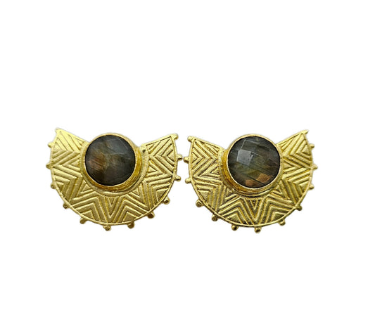 contemporary ethinic 21 k handmade gold plated brass half disc statement esrrings have intricate sunburst etchings and ball edgings with gaveted labradorite