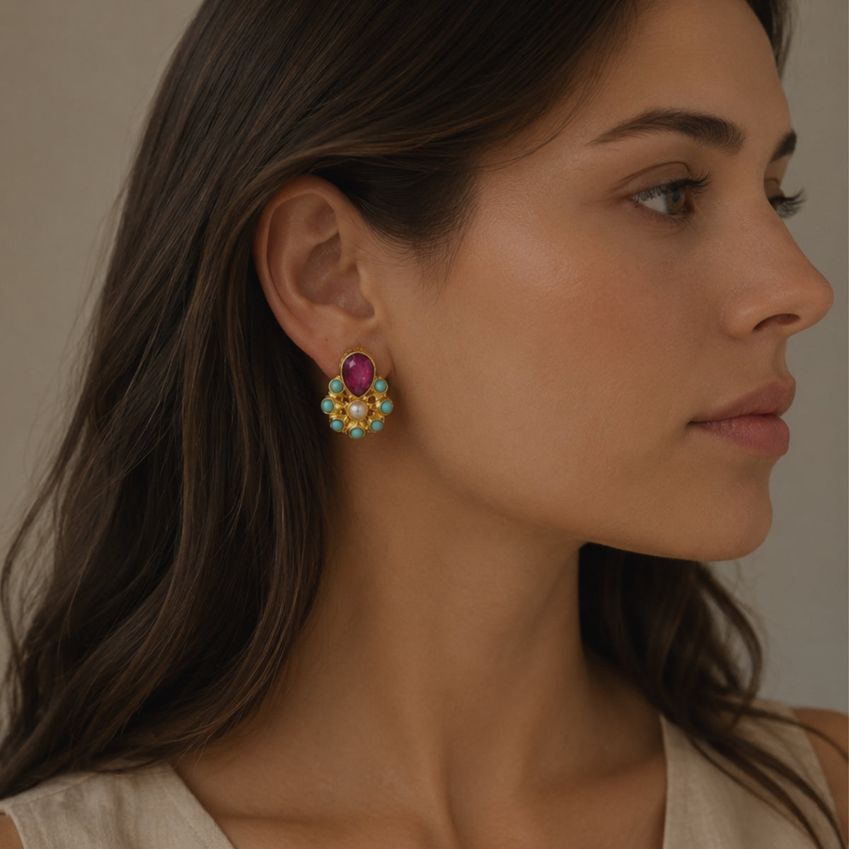 Model wearing attica blouse and Handmade Indian Pearl turquoise and Ruby stud_by Bebek jewels