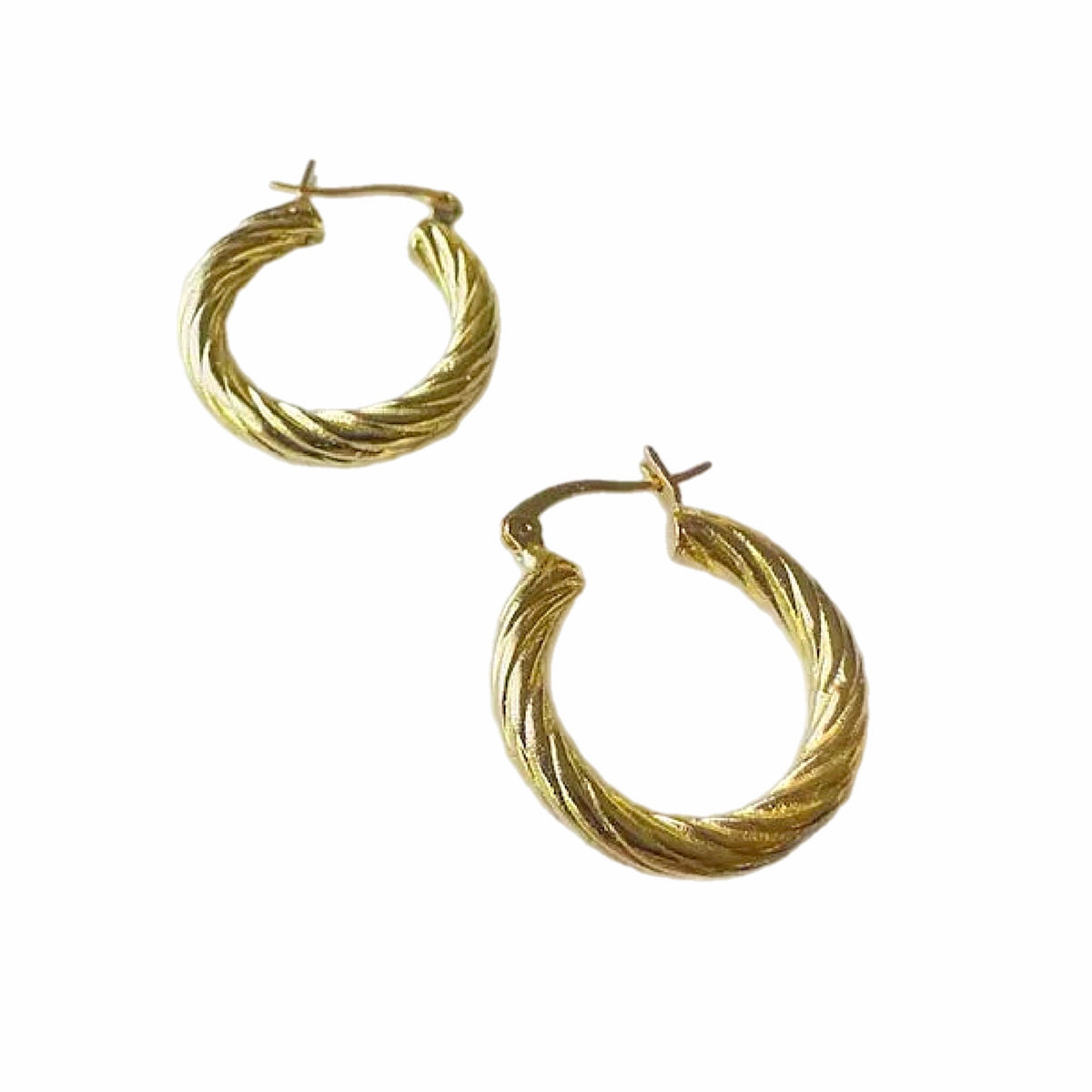 A pair of gold-plated handmade twisted hoop earrings with a textured, rope-like finish and secure post backings, shown on a plain white background.