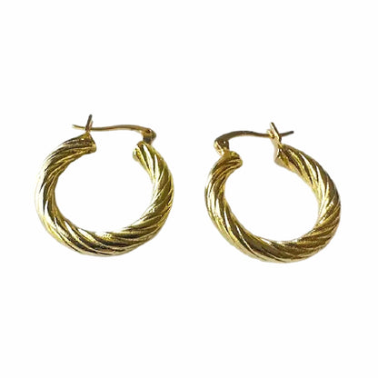 A pair of gold-plated twisted hoop earrings with post-back closures, shown on a plain white background.