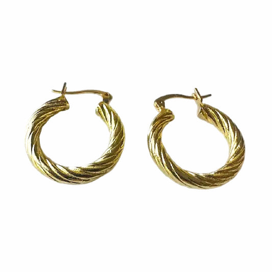 A pair of gold-plated twisted hoop earrings with post-back closures, shown on a plain white background.