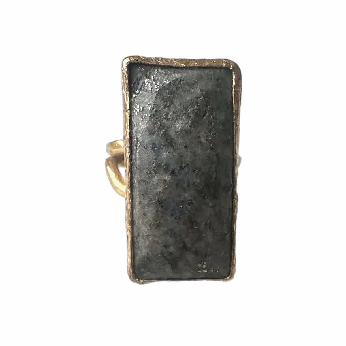 Rectangular gold-plated waterproof gray lapis lazuli cocktail ring on a white surface