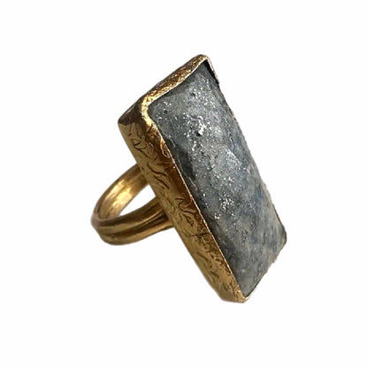 Rectangular gold-plated waterproof gray lapis lazuli cocktail ring on white