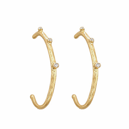 Texture finished gold-plated contemporary hoop earrings with cubic zircon accents On white background 