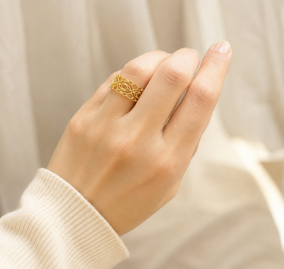 Waterproof Sustainable handmade gold plated lace ring on finger