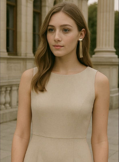 Woman wearing a beige dress with long chain tassel handmade gold-plated earrings with snow Quartz outdoors.
