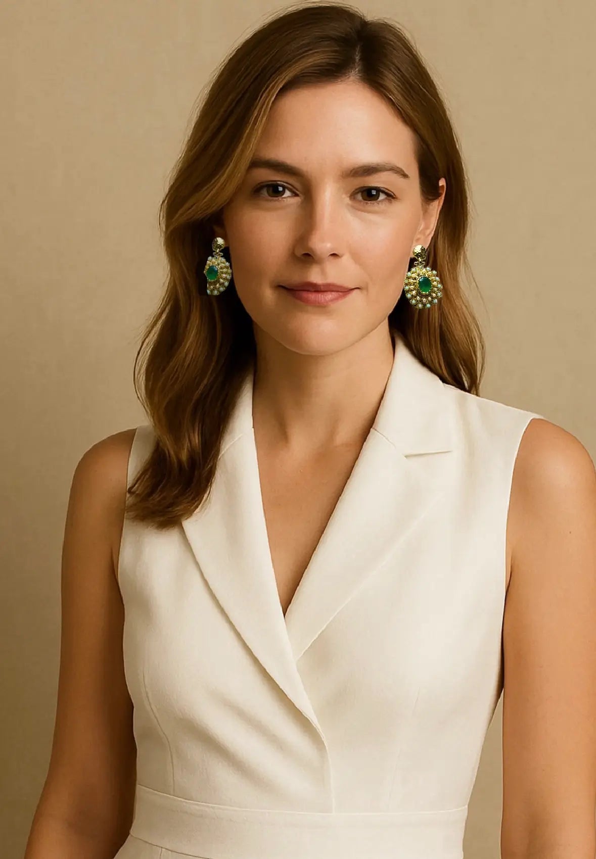 Woman wearing a white sleeveless top with designer artisanal sustainable gold-plated emerald an pearl earrings