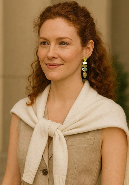 Woman wearing a beige scarf and stylish handmade gold-plated snow Quartz and labradorite earrings