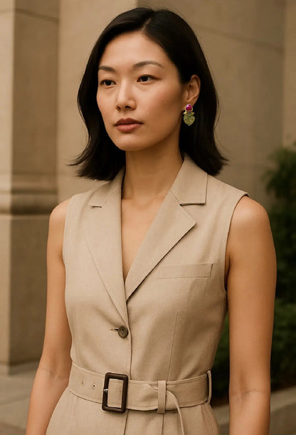 Woman wearing handmade sustainable gold-plated ruby stud earrings a beige sleeveless blazer with a belt, standing outdoors.