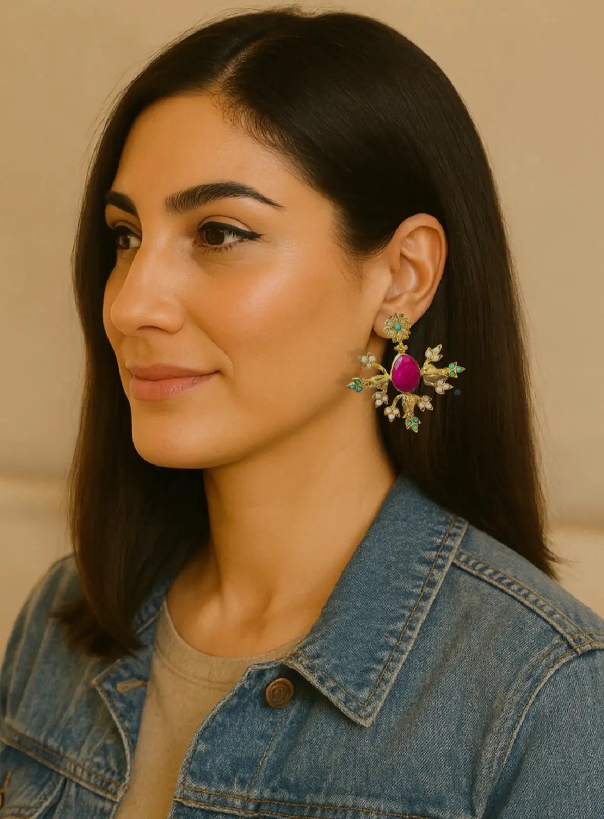 Woman wearing artisanal sustainable gold-plated ruby, turquoise and pearl floral bridal earrings with a denim jacket
