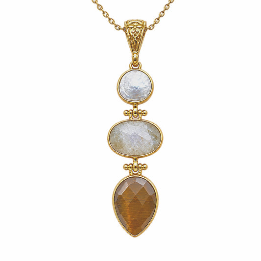 Zoom in shot of 21k gold plated multi-stone pendant necklace boasts teardrop flat pearl, oval faceted moon stone, and teardrop faceted yellow agate