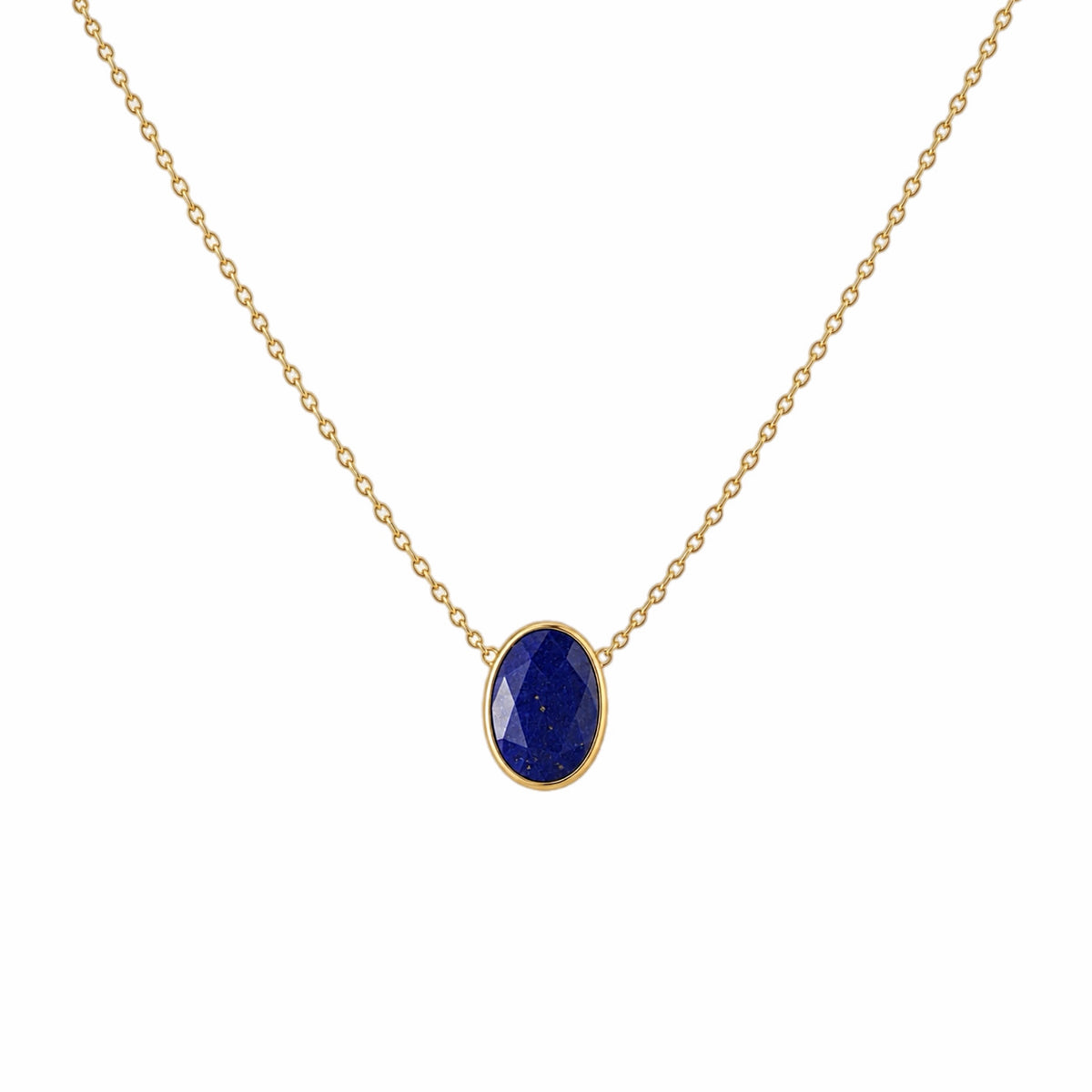 Zoom out image of minimal gold chain faceted lapis lazuli pendant necklace on white background