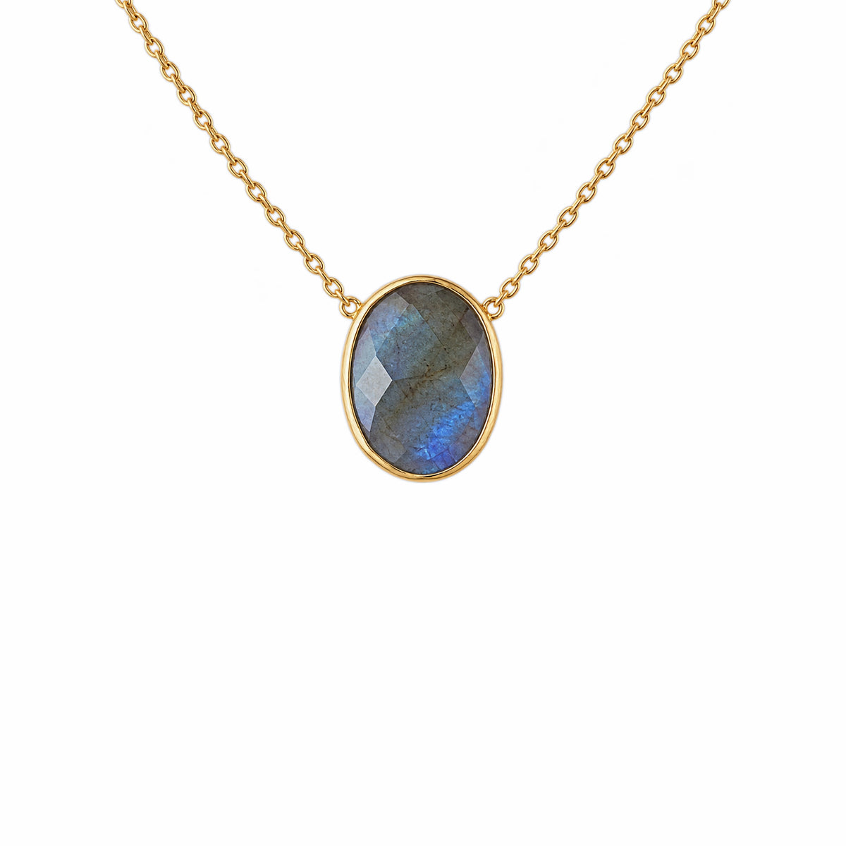 Zoomed in image of minimal gold chain faceted labradorite pendant necklace on white background