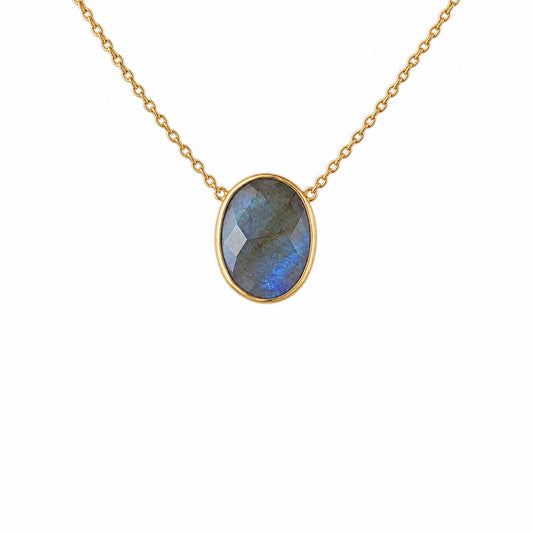 Zoomed in image of minimal gold chain faceted labradorite pendant necklace on white background