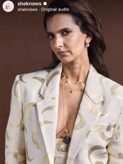 Actor Poorna Jagannathan wears Bebek Jewels gemstone necklace for a SheKnows Magazine shoot