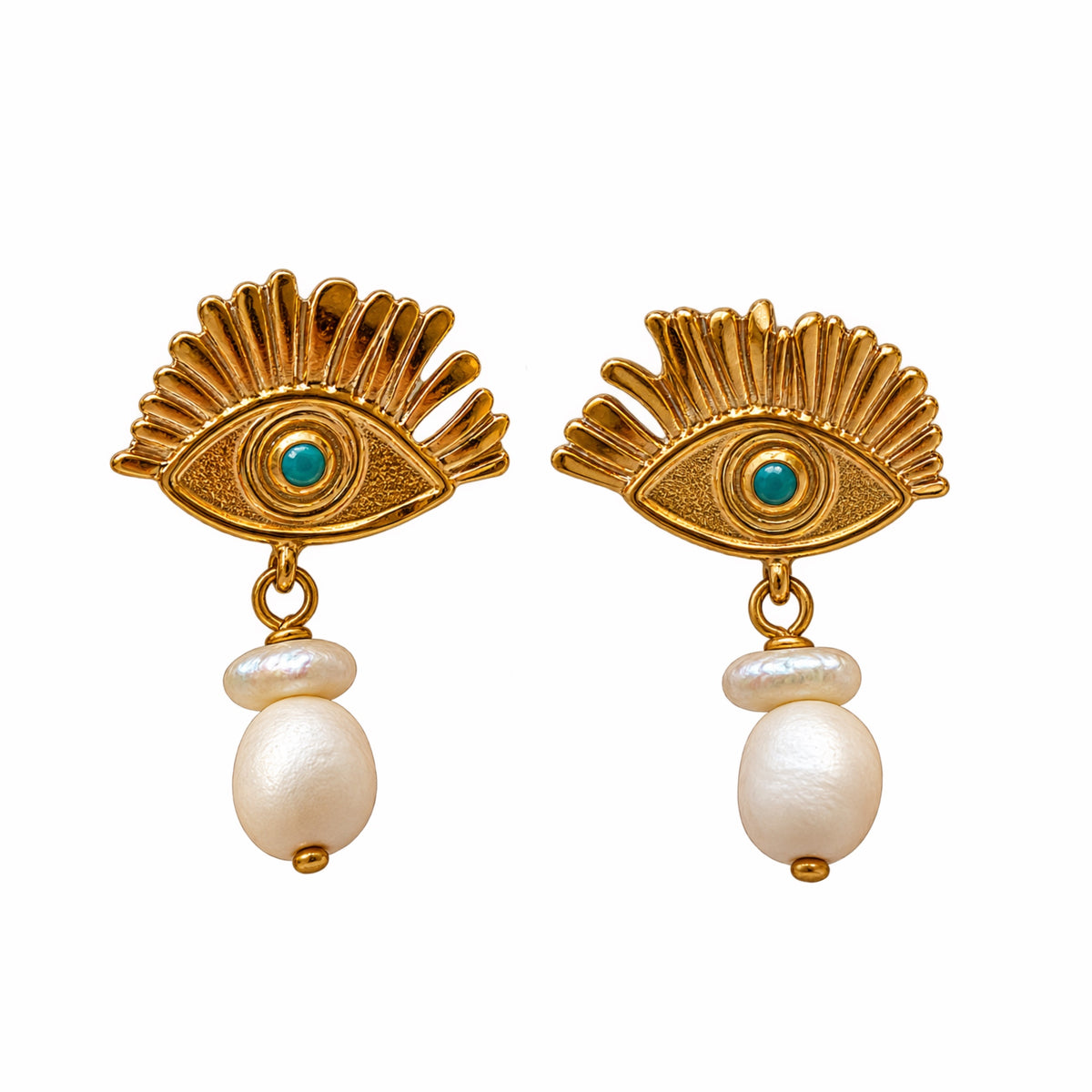 gold-plated evil eye earrings with turquoise centers and dangling pearl drops, handcrafted Turkish jewelry by Bebek Jewels on white background