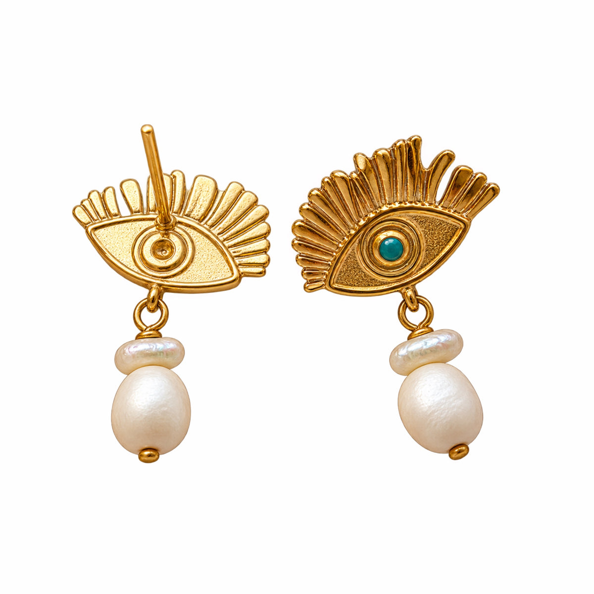 gold plated evil eye earrings with turquoise centers and dangling pearl drops handcrafted Turkish jewelry on white background by Bebek Jewels