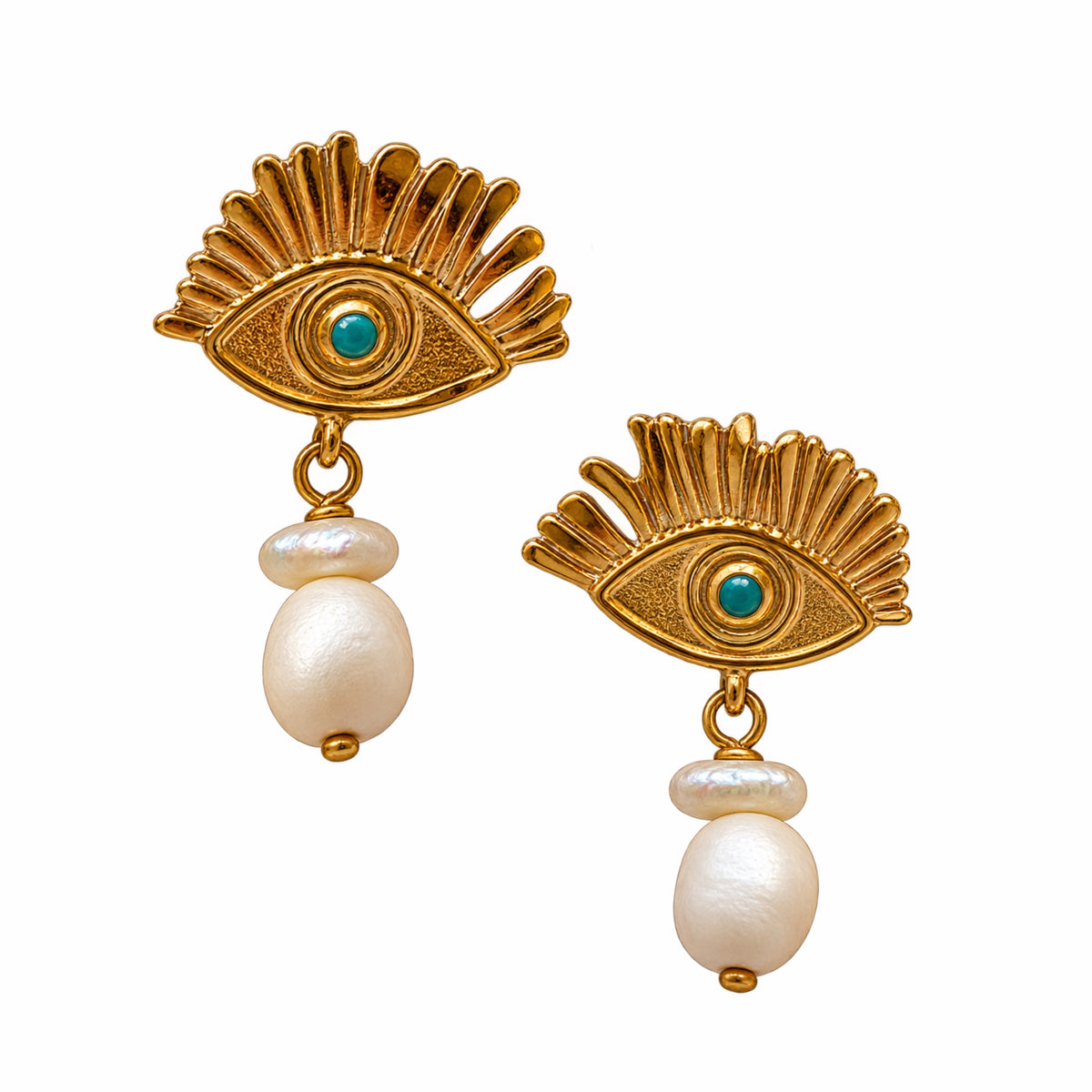 gold plated evil eye earrings with turquoise centers and pearl drops handcrafted Turkish jewelry on white background by Bebek Jewels