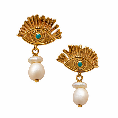 gold plated evil eye earrings with turquoise centers and pearl drops handcrafted Turkish jewelry on white background by Bebek Jewels