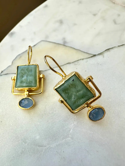 Handmade Contemporary Gold plated jade and blue chalcedony earrings 