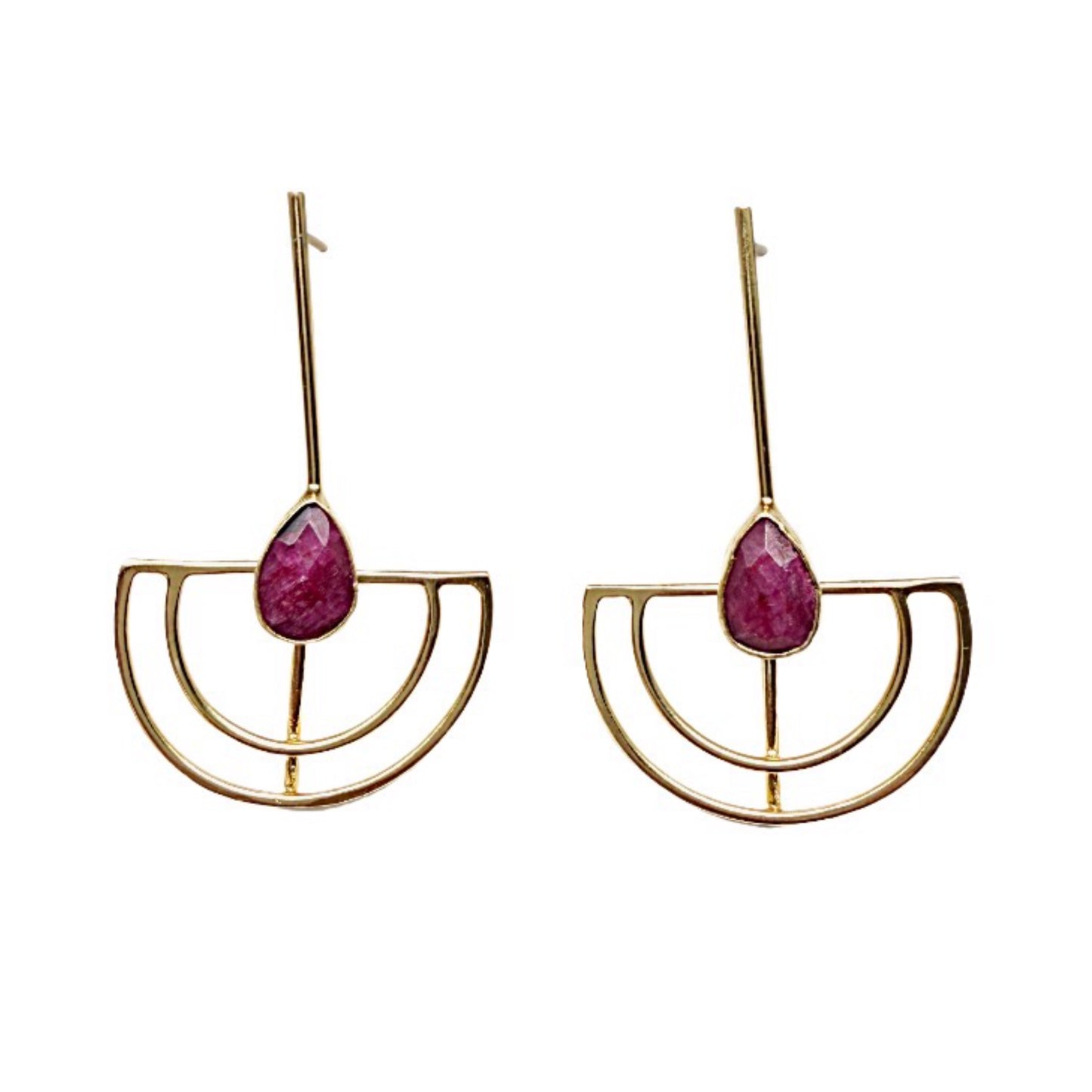 Gold-plated artisanal sustainable contemporary long geometric earrings with Ruby on white stone surface