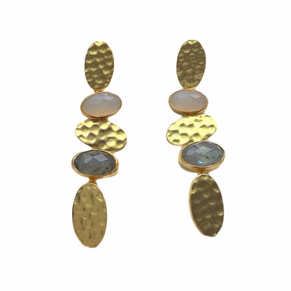 Everyday elegant handmade Gold-plated hammer-finished labradorite and snow Quartz earrings